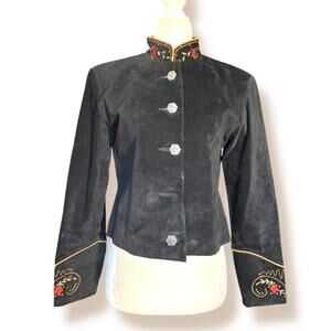 Vintage Scully Black Suede Leather Embroidered Red Floral Western Jacket 6 Boho
